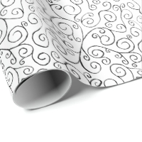 Hand Painted Black Curvy Pattern on White Wrapping Paper
